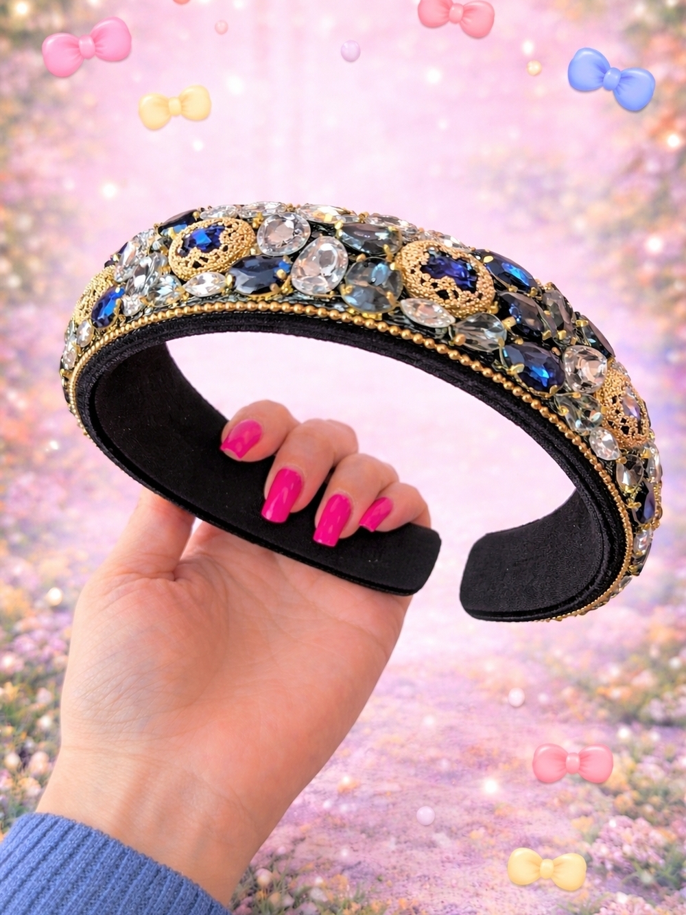 Embellished Black Headband with Sapphire & Crystal Accents